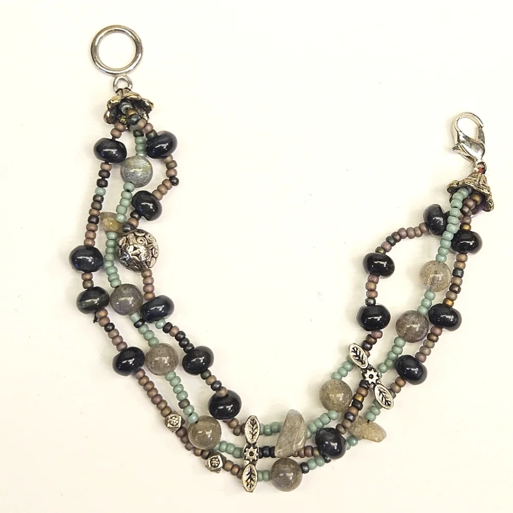 Labradorite and Deep Blue Tiger's Eye Triple Strand Beaded Bracelet